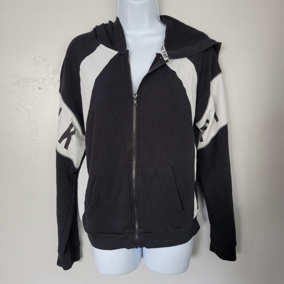 Pink Victoria's Secret VS Black Jacket White Colorblock Full Zip Hooded Large - Picture 1 of 6